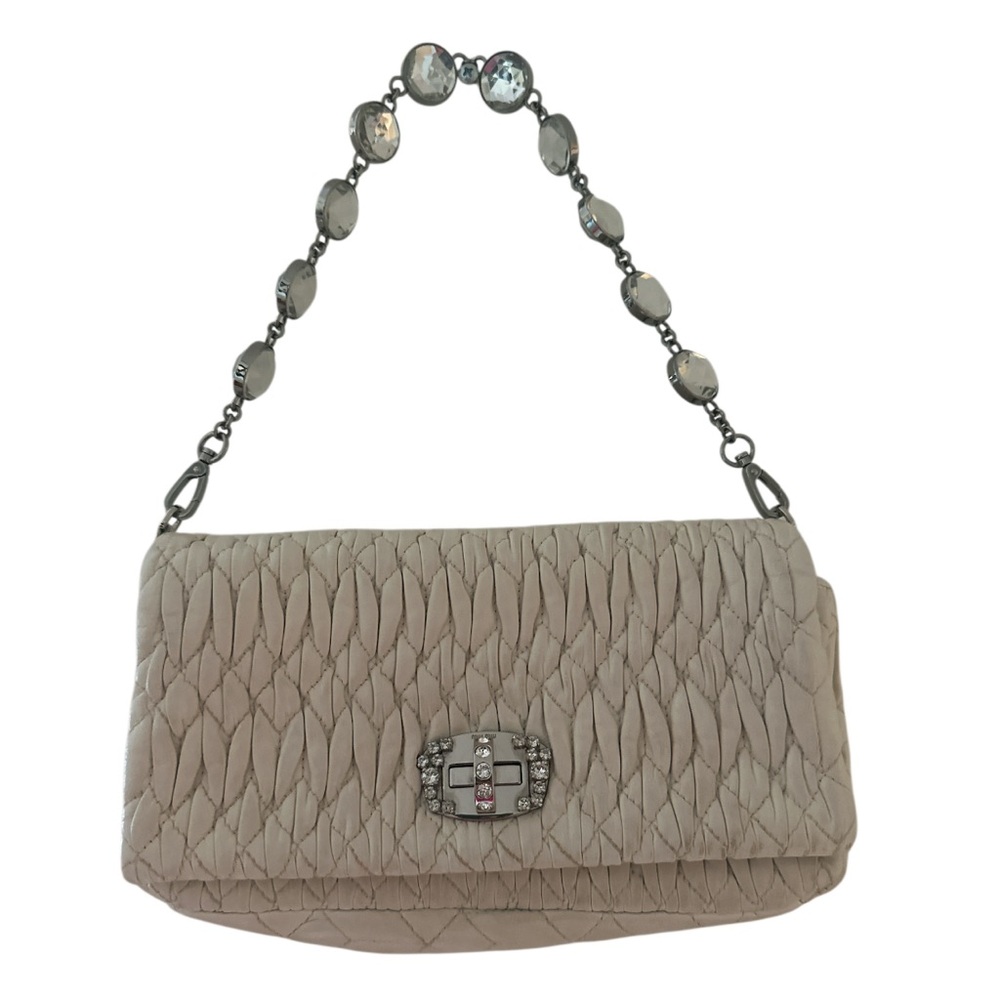 Miu Miu Ivory Quilted Women's Sholder Bag Silver Hardware Crystal Accents Strap